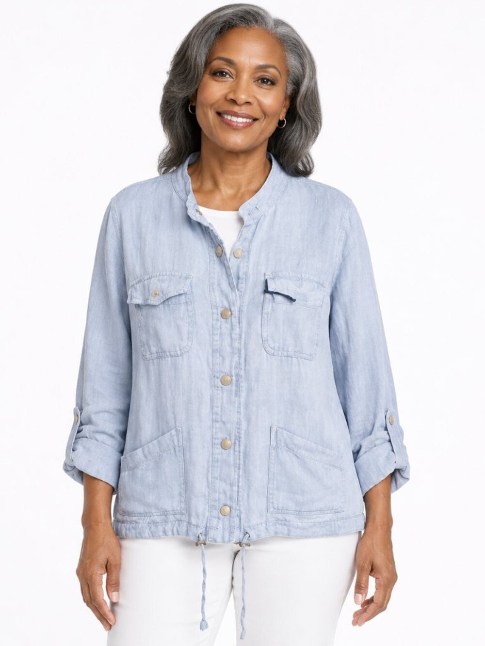 C&C California Sz L Light Blue Chambray Utility Jacket Coastal Chic Casual Boho